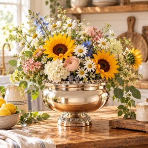 Può includere: Una ciotola in metallo color argento lucido con base a piedistallo e bordo decorativo a perline, riempita con una vivace composizione floreale composta da girasoli giallo brillante, margherite bianche, ranuncoli rosa e fiori di speronella blu.