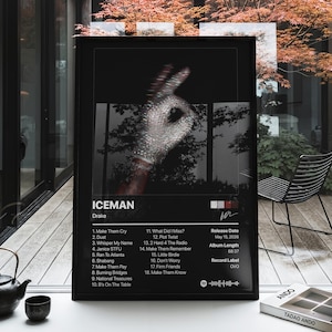 May include: A black framed poster featuring a central image of a hand wearing a sparkling, sequined glove making an okay gesture. The text reads ICEMAN by Drake, with a tracklist of 18 songs, a release date of May 15, 2026, and a Spotify code.