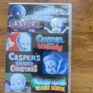May include: A DVD case featuring a collection of Casper films. The cover displays titles including Casper, Casper: A Spirited Beginning, Casper Meets Wendy, Casper's Haunted Christmas, and Casper's Scare School, each accompanied by imagery of the ghost character.