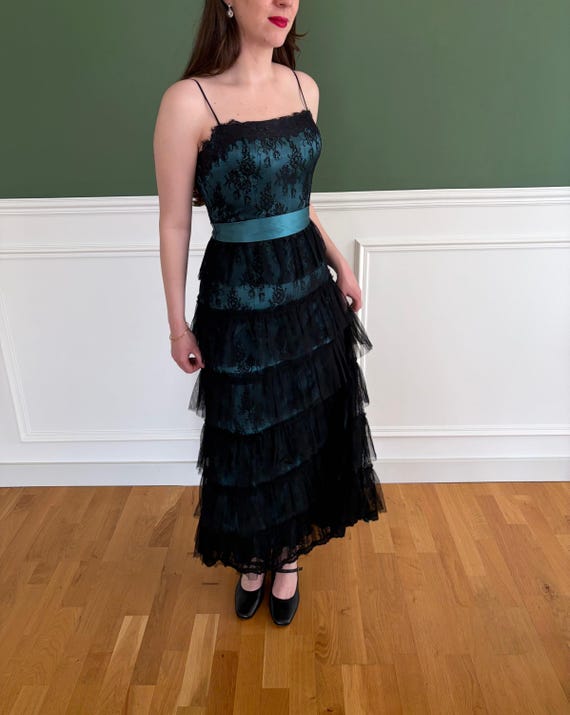 90s whimsigoth prom dress Vintage Dress, Teal Satin Black Lace Tiered Skirt Gown Angel Maternity Roxy Lace MAXI DRESS SIZE:3XL