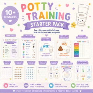 May include: A potty training starter pack featuring 10+ printables including a parent guide, step-by-step poster, certificates, reward charts, and trackers. The design uses pastel colours, cute illustrations of toilets, and text like Potty Training Starter Pack, I Did A Wee, and I Did A Poo.