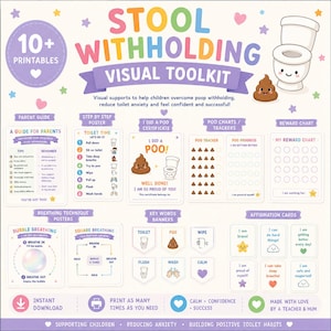 Pode incluir: Um kit de ferramentas visuais para retenção de fezes com mais de 10 páginas imprimíveis, incluindo um guia para pais, cartaz de tempo no banheiro, certificado, rastreadores, tabela de recompensas, cartazes de respiração e cartões de afirmação.