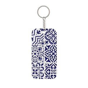 Blue Tile Pattern Keychain charm | Monogrammed Script Back Double-Sided Keychain