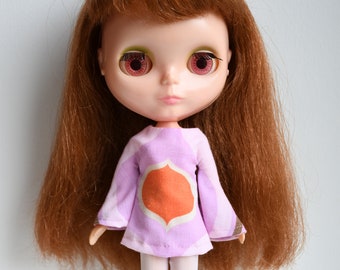 Bell sleeved vintage fabric patterned retro mod style dress for Blythe Pullip Dal licca and similar dolls
