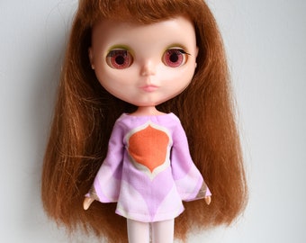 Bell sleeved vintage fabric patterned retro mod style dress for Blythe Pullip Dal licca and similar dolls