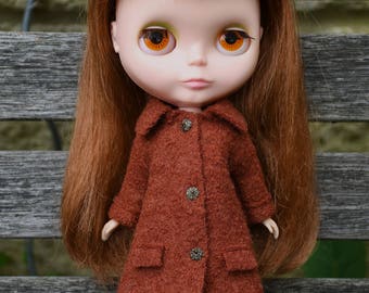 Blythe doll sized terracotta orange 100% boiled wool coat.  For Blythe, Dal, Pullip, Licca or similar scale dolls