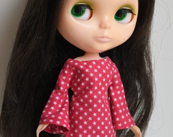 Bell sleeved red stars retro mod style dress for Blythe Pullip Dal licca and similar dolls
