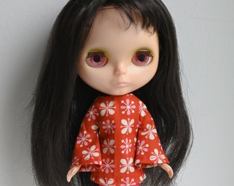 Bell sleeved retro patterned retro mod style dress for Blythe Pullip Dal licca and similar dolls