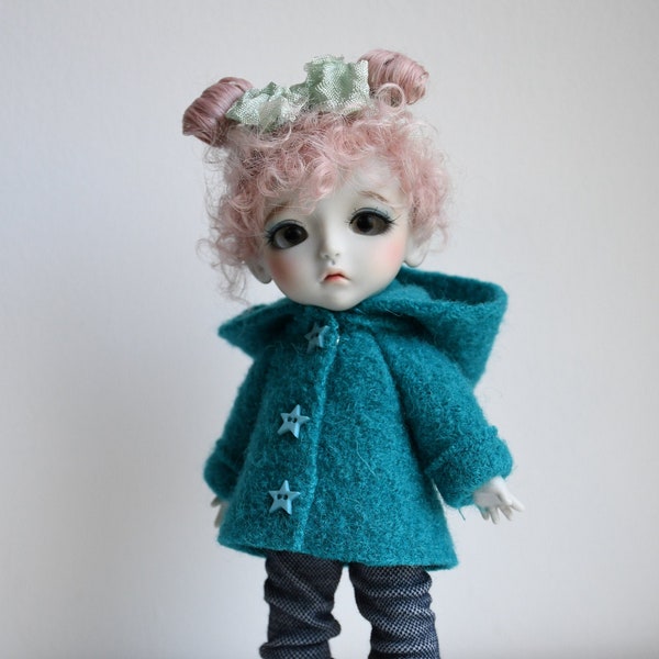 Turquoise pure boiled wool coat with hood to fit lati yellow, Middie Blythe pukifee size dolls