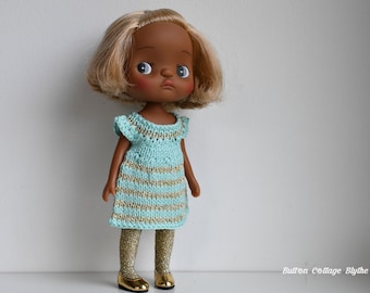 Turquoise mint with gold stripes knitted babydoll dress and sparkly gold tights set for Holala doll