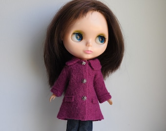 Blythe doll sized raspberry pink 100% boiled wool coat.  For Blythe, Dal, Pullip, Licca or similar scale dolls