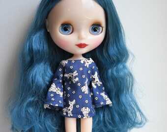 Bell sleeved retro kitsch scottie dog patterned retro mod style dress for Blythe Pullip Dal licca and similar dolls