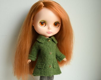 Blythe doll sized mossy green 100% boiled wool coat.  For Blythe, Dal, Pullip, Licca or similar scale dolls