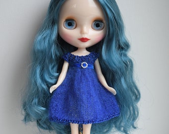Blythe doll sized blue mohair dress with silver metallic bodice and hem, belt and diamanté buckle.  Neo Blythe Licca Pullip Licca Dal
