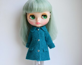 Blythe doll sized peacock turquoise  blue 100% boiled wool coat.  For Blythe, Dal, Pullip, Licca or similar scale dolls