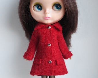 Blythe doll sized fire engine red 100% boiled wool coat.  For Blythe, Dal, Pullip, Licca or similar scale dolls
