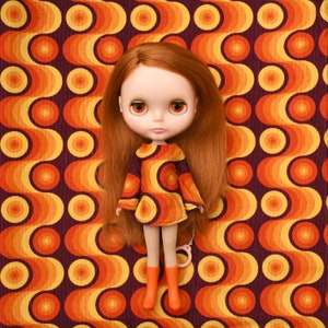 Bell sleeved retro patterned retro mod style needlecord dress for Blythe Pullip Dal licca and similar dolls