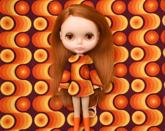Bell sleeved retro patterned retro mod style needlecord dress for Blythe Pullip Dal licca and similar dolls