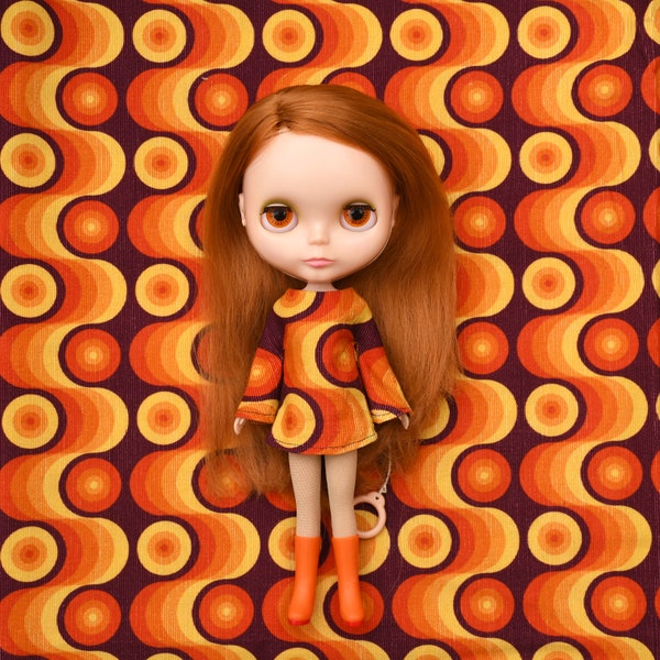 Bell sleeved retro patterned retro mod style needlecord dress for Blythe Pullip Dal licca and similar dolls