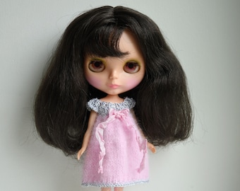 Blythe doll sized baby pink angora dress with silver metallic bodice and hem and ribbon.  Neo Blythe Licca Pullip Licca Dal