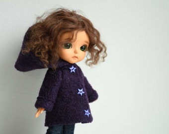 Deep purple pure boiled wool coat with hood to fit lati yellow, pukifee and Middie Blythe size dolls