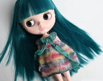 Blythe doll sized multi toned variegated teal full skirt Angora dress,silver bodice, hem and ribbon.  Neo Blythe Licca Pullip Licca