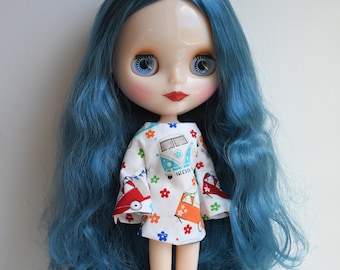 Bell sleeved retro camper van patterned mod style dress for Blythe Pullip Dal licca and similar dolls