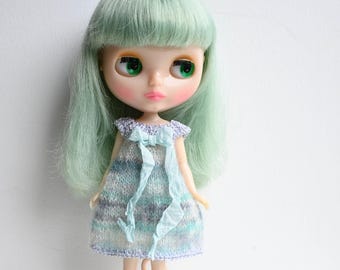 Blythe doll sized multi toned variegated mint green full skirt Angora dress,silver bodice, hem and ribbon.  Neo Blythe Licca Pullip Licca