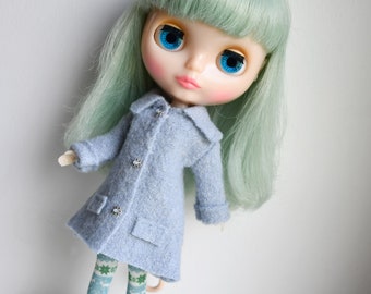 Blythe doll sized ice mint blue 100% boiled wool coat.  For Blythe, Dal, Pullip, Licca or similar scale dolls