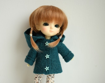 Teal blue pure boiled wool coat with hood to fit lati yellow, pukifee and Middie Blythe size dolls