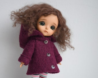 Maroon red pure boiled wool coat with hood to fit lati yellow, Middie Blythe pukifee size dolls