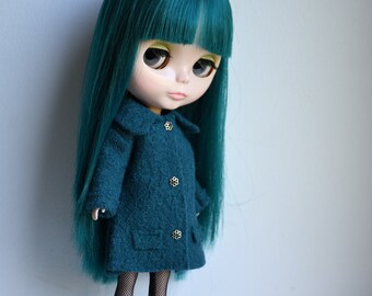 Blythe doll sized teal blue 100% boiled wool coat.  For Blythe, Dal, Pullip, Licca or similar scale dolls