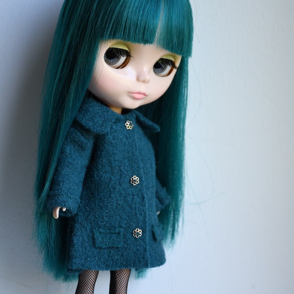 Blythe doll sized teal blue 100% boiled wool coat.  For Blythe, Dal, Pullip, Licca or similar scale dolls