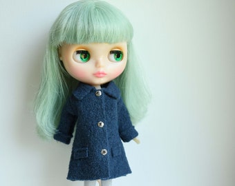 Blythe doll sized denim blue 100% boiled wool coat.  For Blythe, Dal, Pullip, Licca or similar scale dolls