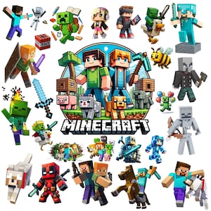 May include: A collection of Minecraft-themed stickers featuring various blocky characters, animals, and tools. The central circular emblem displays two figures with a pickaxe, surrounded by a pig, wolf, and the Minecraft logo in bold text.