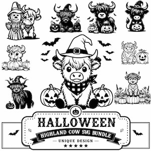 May include: A black and white digital graphic collection featuring multiple illustrations of Highland cows with pumpkins, bats, and witch hats. The bottom label displays the text HALLOWEEN HIGHLAND COW SVG BUNDLE UNIQUE DESIGN.