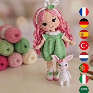 Patrón de muñeca Rana a crochet PDF - Muñeca de pelo rosa y conejito, tutoriales en vídeo de amigurumi