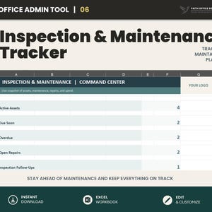Może przedstawiać: Szablon arkusza kalkulacyjnego do śledzenia inspekcji i konserwacji zatytułowany Office Admin Tool 06 od Faith Office Solutions. Zawiera pulpit nawigacyjny centrum dowodzenia z wierszami dla aktywnych zasobów, terminów, zaległości, otwartych napraw i działań następczych.