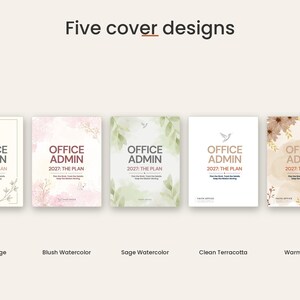 Peut inclure: Cinq modèles de couvertures de planificateur intitulés Office Admin 2027: The Plan. Les styles incluent Cream Sage, Blush Watercolor, Sage Watercolor, Clean Terracotta et Warm Floral. Chaque couverture présente une icône de colibri et du texte.