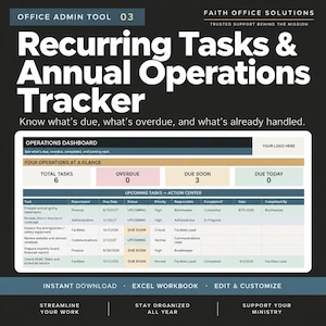 Registro de tareas recurrentes y operaciones anuales / Libro de Excel para la administración de la iglesia