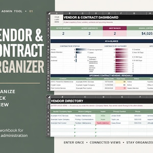May include: A digital office admin tool spreadsheet titled Vendor & Contract Organizer. It features a Vendor & Contract Dashboard with metrics, status charts, and a Vendor Directory table for tracking company names, services, and contact details.