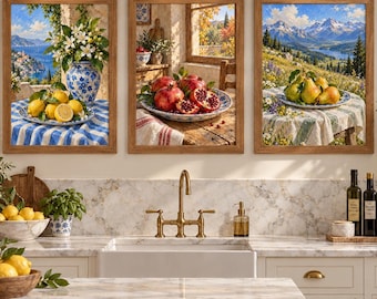 Mediterranean Fruit Wall Art Set of 3, Lemon Pomegranate Pear Prints, Italian Kitchen Decor, Vintage Framed Food Posters