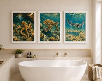Framed Ocean Animal Wall Art, Octopus Sea Turtle Manta Ray Prints, Mediterranean Coastal Decor, Marine Life Art A5 A4 A3