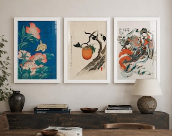 Katsushika Hokusai Framed Wall Art, Karyobinga, Peonies & Canary, Persimmon, Japanese Ukiyo-e Print, Japandi Botanical Decor, A5 A4 A3