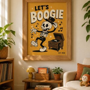 May include: A framed wall art print with a mustard yellow background featuring a cartoon skeleton wearing a top hat and dancing next to a vintage record player. The text reads LET'S BOOGIE and EST. 1928, accompanied by musical notes and stars.