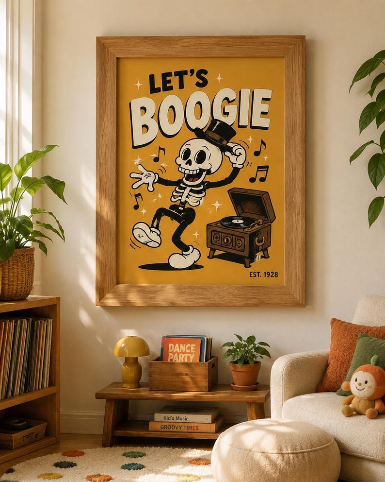 May include: A framed wall art print with a mustard yellow background featuring a cartoon skeleton wearing a top hat and dancing next to a vintage record player. The text reads LET'S BOOGIE and EST. 1928, accompanied by musical notes and stars.