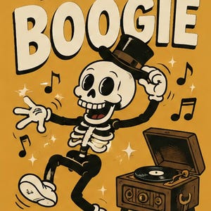 May include: A yellow poster featuring a cartoon skeleton wearing a black top hat and white gloves, dancing next to a brown record player. The text reads LET'S BOOGIE at the top and EST. 1928 at the bottom, surrounded by black musical notes and white stars.