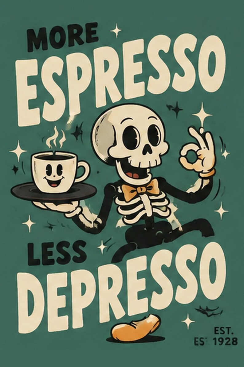 May include: A green poster featuring a cartoon skeleton wearing a yellow bowtie, holding a tray with a smiling coffee cup. The text reads MORE ESPRESSO at the top and LESS DEPRESSO at the bottom, with the text EST. 1928 in the bottom right corner.