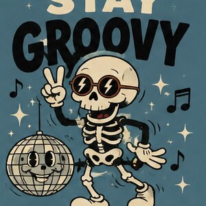 May include: A blue graphic print featuring a skeleton wearing round sunglasses with lightning bolt lenses, making a peace sign. Beside it is a smiling disco ball. The text reads STAY GROOVY and EST. 1928, surrounded by musical notes and stars.