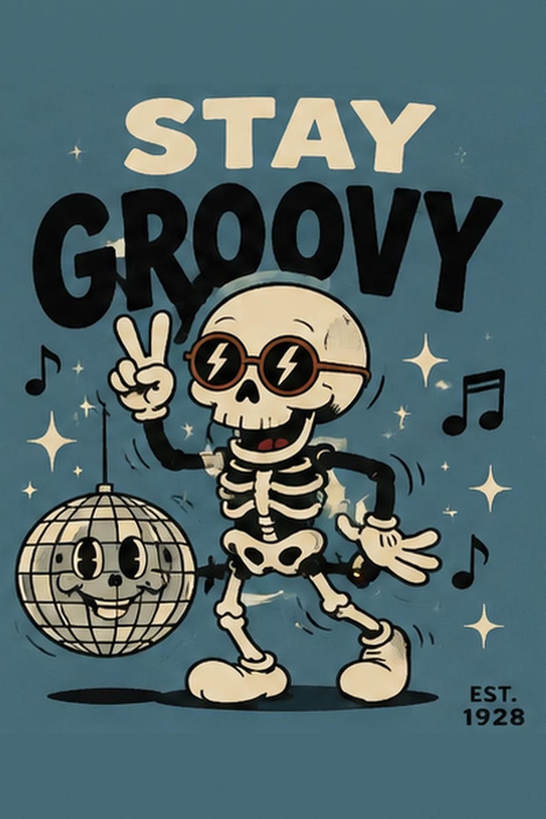 May include: A blue graphic print featuring a skeleton wearing round sunglasses with lightning bolt lenses, making a peace sign. Beside it is a smiling disco ball. The text reads STAY GROOVY and EST. 1928, surrounded by musical notes and stars.